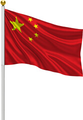 Realistic China Flag Waving on Pole with Silk Fabric Texture, 3D Render Isolated on Transparent Background