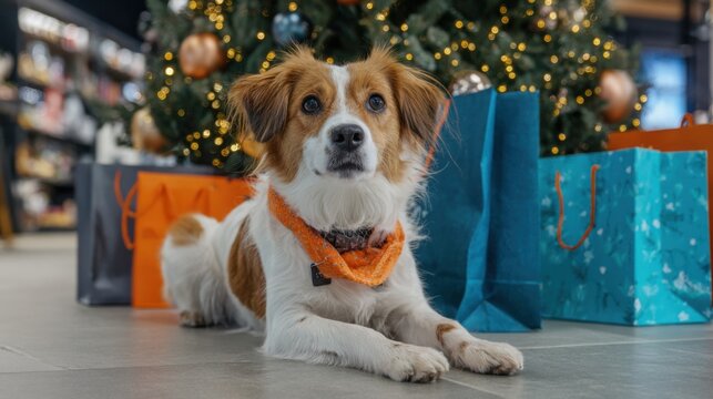dog lies near decorated christmas tree - Powered by Adobe