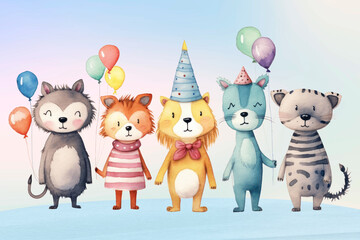 Obraz premium Cute animal birthday party cartoon, watercolor illustration remix