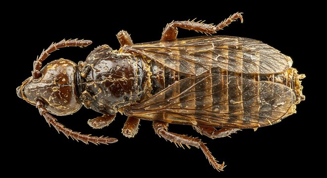 Detailed overhead view of a brown insect on black background