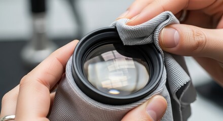 Close up of hands cleaning camera lens with microfiber cloth to remove dust and fingerprints for optimal image quality