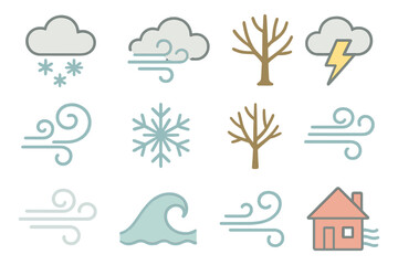 Obraz premium Weather icons set: clouds, wind, snow, trees, and lightning in outline style