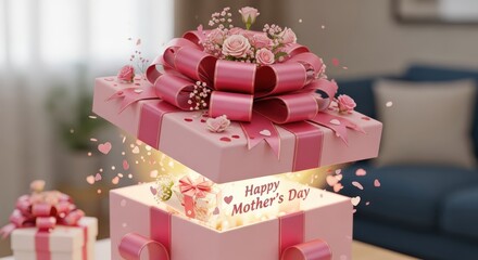 Beautiful Gift Box Filled With Pink Flowers And Happy Mothers Day Message
