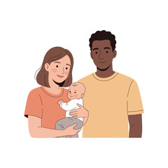 Happy diverse family with baby, embracing joy and love, perfect for parenting, family values, and modern lifestyle concepts