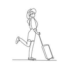 Continuous line of female traveler with luggage. Sketch drawing editable stroke of tourist walking with suitcase. Vector illustration