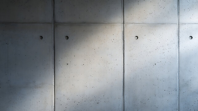 Structured concrete wall with geometric panels. The minimalist architecture showcases clean lines and textures. Captivating shadows add depth.  A study in modern design.
