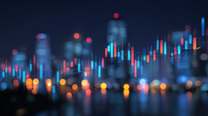 Abstract financial market chart background with candlestick graph over blurry city skyline at night, futuristic and dynamic concept of business