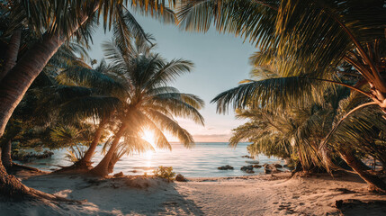 Fototapeta premium Romantic tropical beach sunset with palm tree silhouette over calm ocean. beautiful sandy coast on remote island perfect for vacation