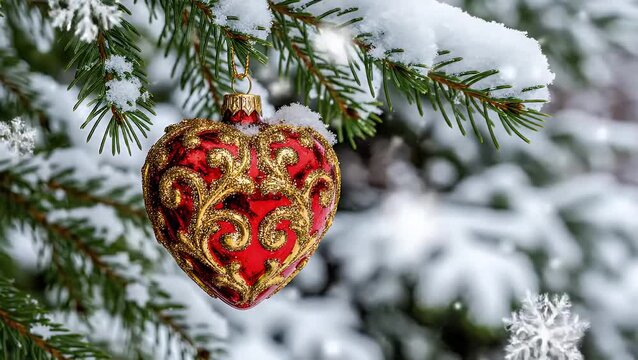Elegant red heart-shaped Christmas ornament with intricate gold detailing, adorned with fresh snow on a pine tree branch