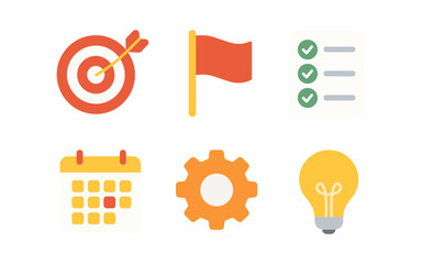 Simple icons: target, flag, checklist, calendar, gear, light bulb