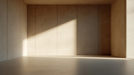 Fototapeta premium Sunlit architectural space featuring smooth walls and flooring, enhanced by natural light and shadows for a minimalist and serene aesthetic. Interior design concept.