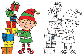Cute Christmas Elf with Stack of Colorful Presents - Holiday Gifting and Celebration Cartoon Illustration