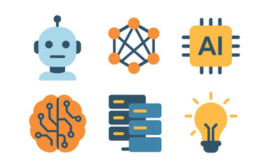Ai technology icons: robot, neural network, circuit, lightbulb, and data design