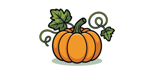 Cartoon illustration of a ripe orange pumpkin with green leaves and vines