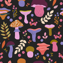 Cute seamless pattern with colourful hand drawn mushrooms, fallen leaves and wild forest berries. Bright autumn tiling background, textile, wrapping paper. Cozy fall wallpaper.