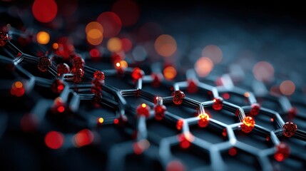 Obraz premium Graphene lattice with glowing red particles