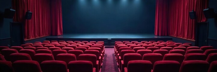 Serene Empty Theater Plush Velvet Seats, Drawn Curtains, Peaceful Atmosphere, Perfect for Relaxation and Contemplation