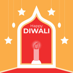 Happy Diwali Greeting with Candle and Stars in an Archway