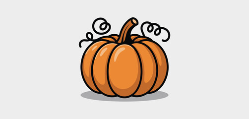 Cute cartoon pumpkin with curly vines and stem on a white background