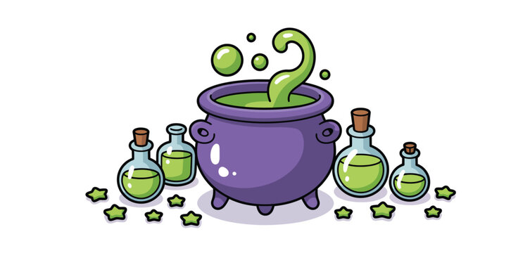 Whimsical halloween cauldron bubbling with green potion surrounded by bottles and stars