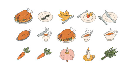 Thanksgiving dinner elements with turkey, candles, and plates in flat style
