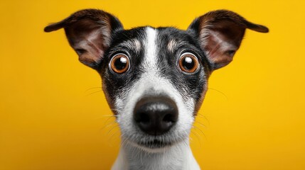 wide eyed dog on yellow background,