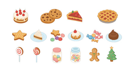 Fototapeta premium Assorted sweets: cakes, cookies, pies, candies, gingerbread in flat style