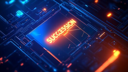 Digital Circuit Board with Glowing Succession Text and Futuristic Blue and Orange Lights Illustrating a Technological Network Concept