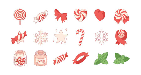 Whimsical candy and holiday elements in soft red and white tones