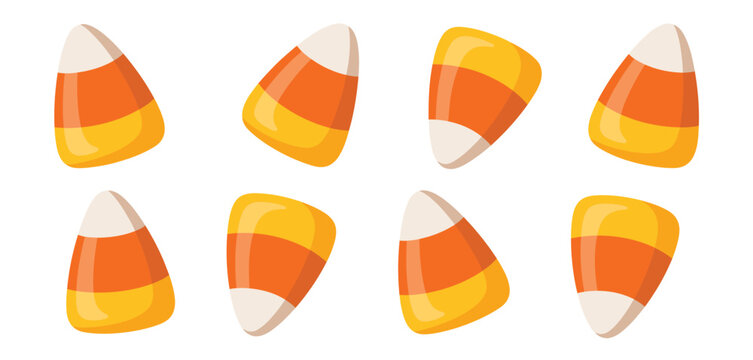 Collection of eight classic halloween candy corn illustrations with white background
