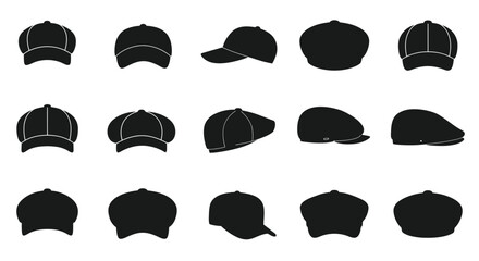 A collection of different black baseball caps and hats displayed neatly