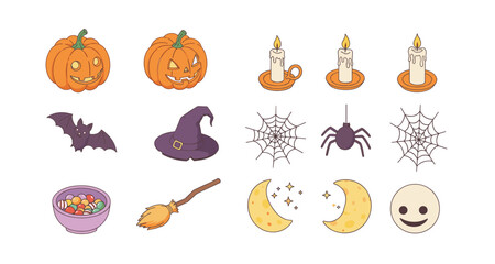Halloween collection: pumpkins, candles, spider webs, and more in fun, flat style