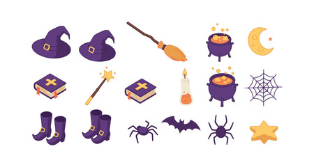 Halloween magic icons set: witches, potions, and spooky elements in isometric style © LOBSTER LARRY