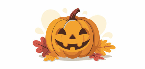 Happy jack o lantern pumpkin with autumn leaves illustration