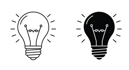 A pair of lightbulbs one outlined and one filled black with rays