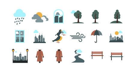 Weather and urban environment icons: flat style collection for design projects