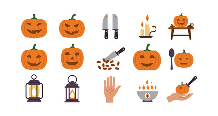 Halloween icons set with pumpkins, lanterns, and kitchen tools for festive decor