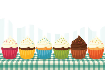 Assortment of colorful frosted cupcakes lined up on a checkered tablecloth