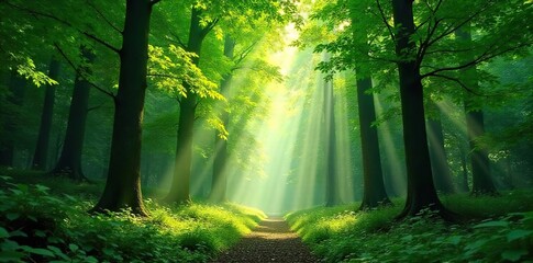 Serene Summer Forest Canopy Dappled Sunlight Filtering Through Lush Green Leaves, Creating a Peaceful Atmosphere Ideal for Nature, Travel, and Environmental Projects