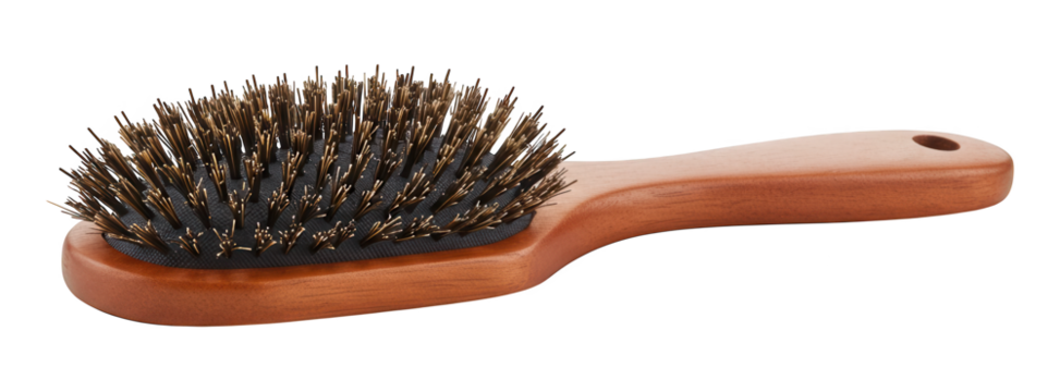 Wooden hairbrush with natural bristles for hair care.