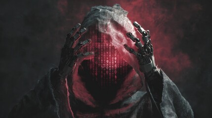 hooded cyborg with glowing binary code