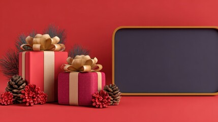 red and gold gifts with blackboard,
