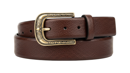 Detailed view of a textured brown leather belt with ornate gold buckle.