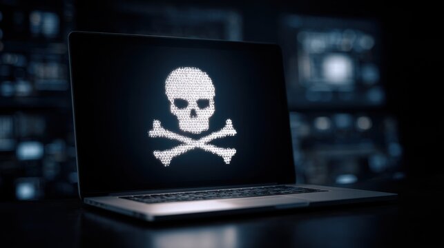 digital skull on laptop in dark,