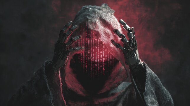 hooded cyborg with glowing binary code