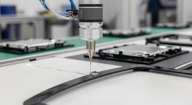 Automated robotic arm precisely applying adhesive to a smartphone frame in a modern manufacturing facility, ensuring quality