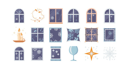 Winter window elements with snowflakes and festive decor
