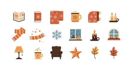 Cozy winter icons set featuring books, warm drinks, candles, and seasonal decor in a flat style