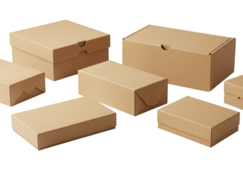 Several cardboard boxes in various sizes and shapes arranged together.
