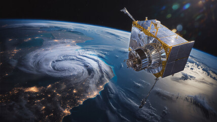 Weather satellite monitoring a hurricane from space satellite